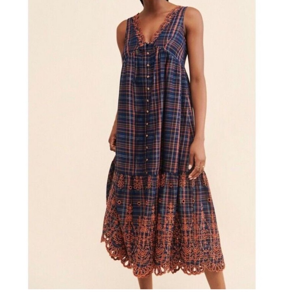 anthropologie s eyelet midi dress navy blue orange plaid sleeveless new york